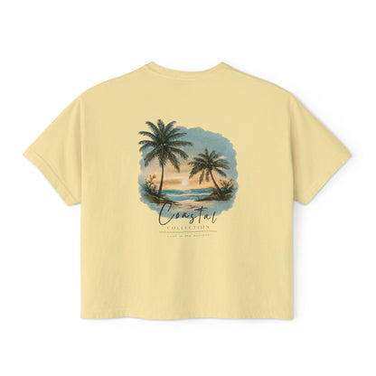 Women's Sunset Beach Scene II Back Design Boxy Tee - Tropical Palm Tree 'Lost In the Horizon' Graphic Tee (Additional Colors)