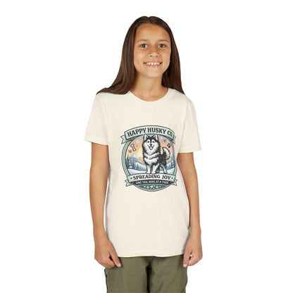 Youth Tee Happy Husky Co. 'Spreading Joy' Kids Short Sleeve Shirt - Husky Dog, Outdoor Badge Design (Additional Colors)