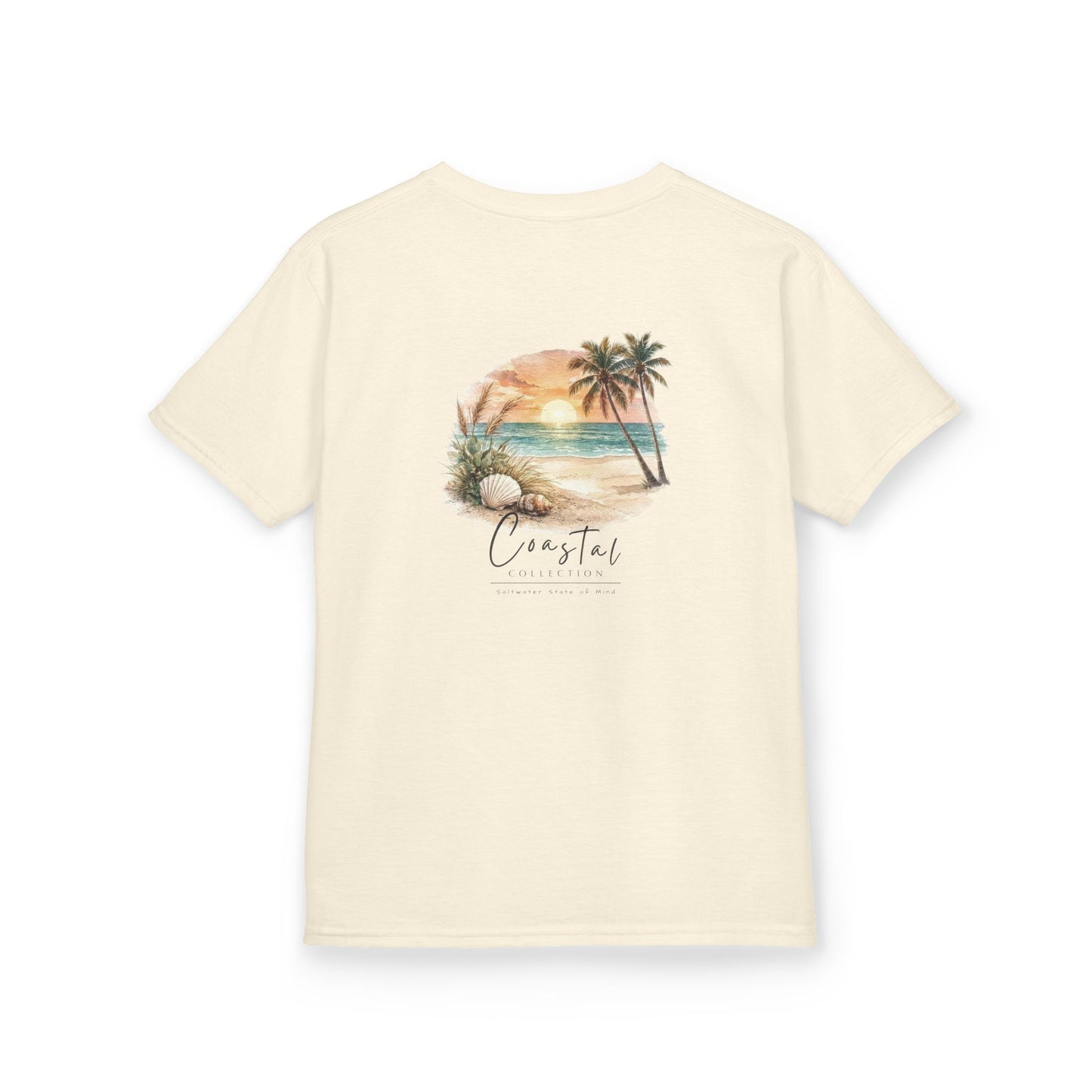 Kids Sunset Beach Scene Back Design T-Shirt — Tropical Palm Tree 'Saltwater State of Mind' Graphic w/ Logo Front (Additional Color)