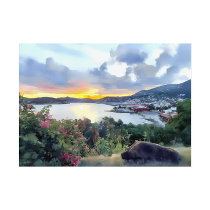 Artistic Scenic Nature Tropical Island Sunset Watercolor-Style Wall Art Print