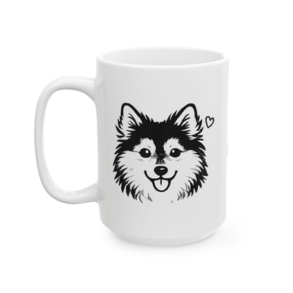 Pomsky With A Heart White Ceramic Dog Theme Mug — "Joy is contagious, Wag it forward" (11oz & 15oz)