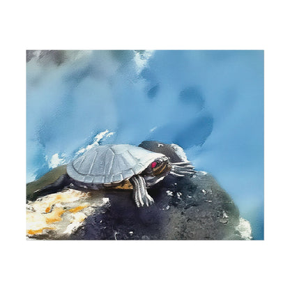 Watercolor-Style Nature-Inspired 'Turtle on the Rocks' Textured Matte Art Print
