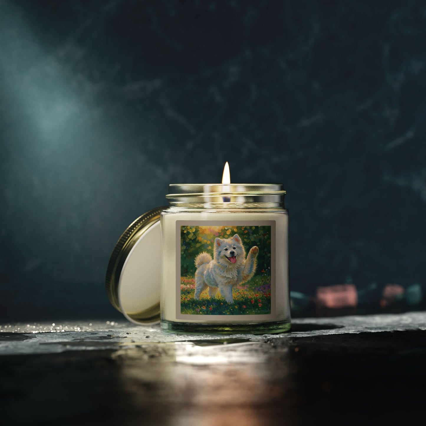 Coconut Apricot Wax Scented Candle — Joyful Samoyed Dog Design, Clear or Amber Jar (4oz or 9oz, Assorted Scents)