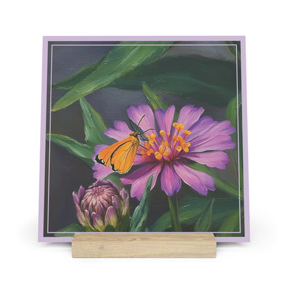 Nature Pretty Pink and Purple Flower with Butterfly Artist-Inspired Gallery Board with Wooden Stand — Mini Desk Art (Additional Sizes)