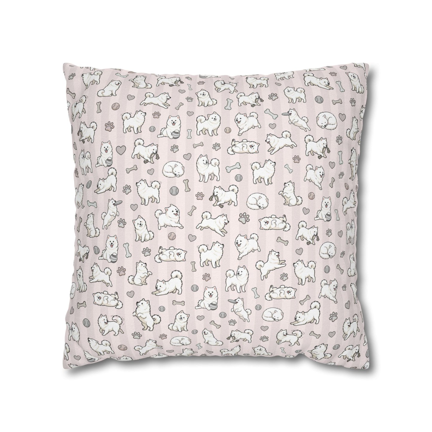 Double Sided Pink Design Samoyed Puppy With Bones, Hearts & Paw Prints Pillowcase — Decorative Square Throw Pillow (Additional Sizes)