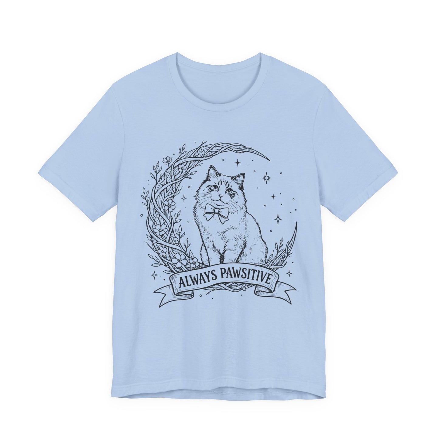 Unisex Adult Cute Cat & Moon Design T-Shirt — “Always Pawsitive” Retro Moon Cat Graphic Tee (Additional Colors)