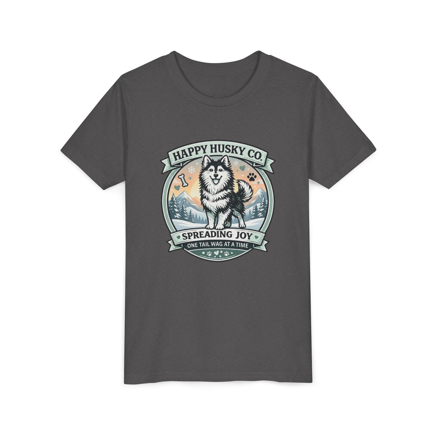 Youth Tee Happy Husky Co. 'Spreading Joy' Kids Short Sleeve Shirt - Husky Dog, Outdoor Badge Design (Additional Colors)