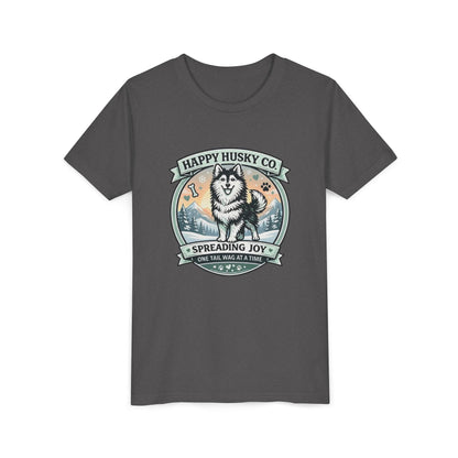 Youth Tee Happy Husky Co. 'Spreading Joy' Kids Short Sleeve Shirt - Husky Dog, Outdoor Badge Design (Additional Colors)
