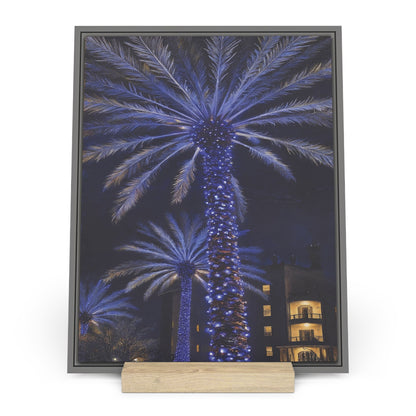 Blue Palm Trees Photo Gallery Board with Wooden Stand — Mini Nature Tropical Night Lights Desk Art (Additional Sizes)