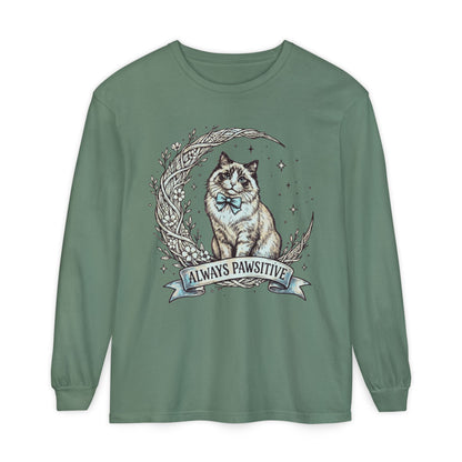 Unisex Adult 'Always Pawsitive' Cat Design Long Sleeve Tee — Cute Ragdoll Cat Graphic Shirt (Additional Colors)