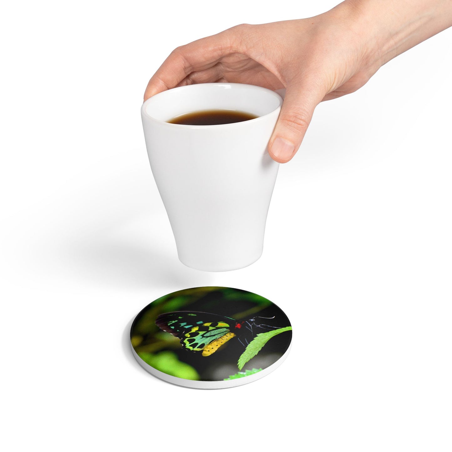 Nature-Inspired Colorful Butterfly Collectible Ceramic Coaster — Green Tailed Butterfly, 1 Pc
