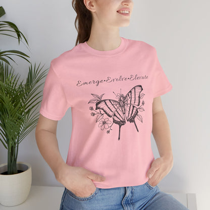 Unisex Adult Butterfly & Flowers Design Short Sleeve Tee - 'Emerge Evolve Elevate' (Additional Colors)