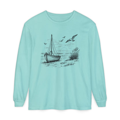 Nautical Sailboat & Beach Sketch Design Long Sleeve Tee - 'Set Your Course by the Stars Not the Storm' (Additional Colors)