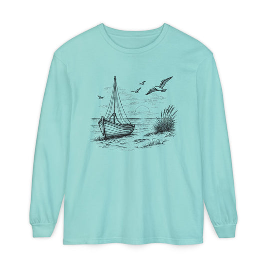 Nautical Sailboat & Beach Sketch Design Long Sleeve Tee - 'Set Your Course by the Stars Not the Storm' (Additional Colors)