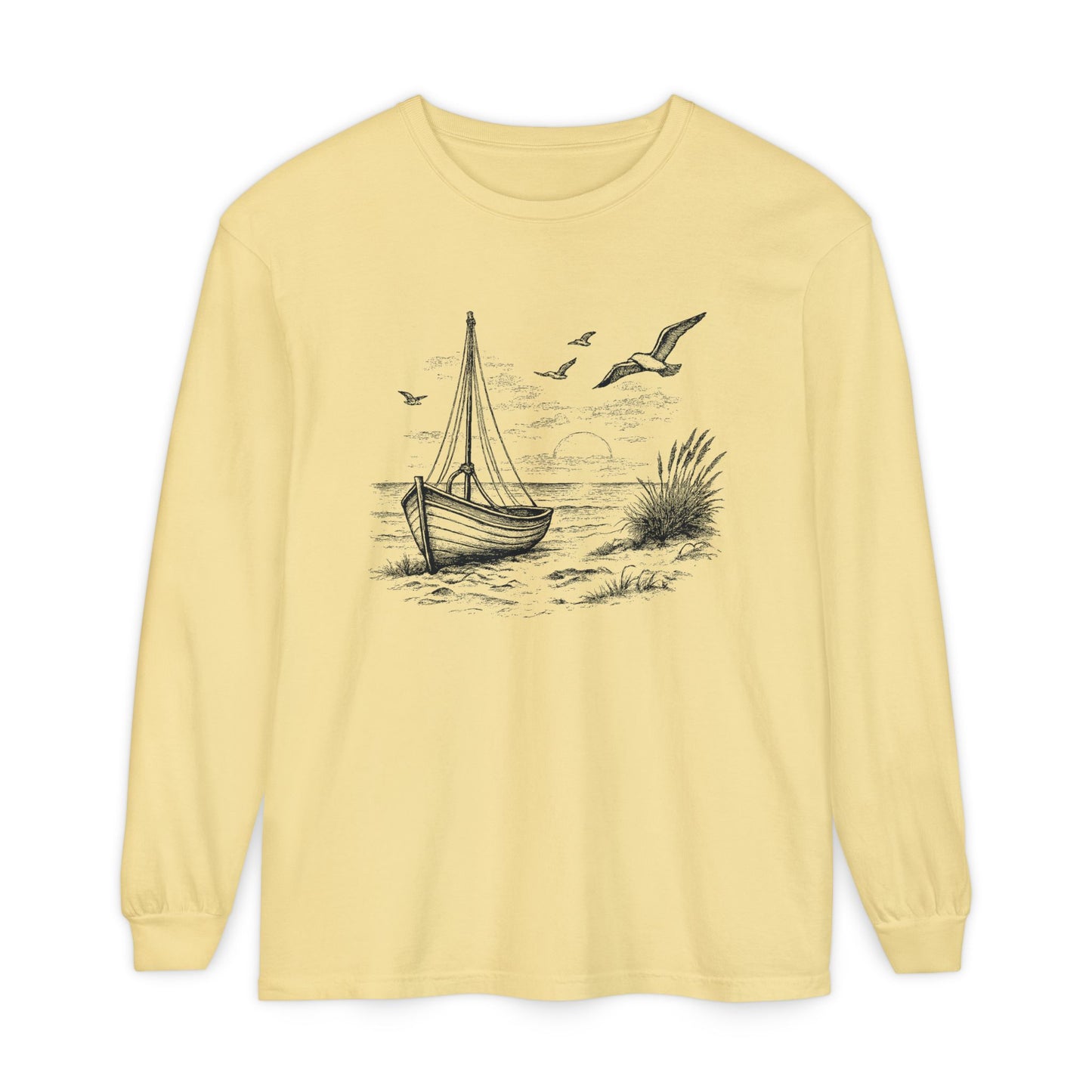 Nautical Sailboat & Beach Sketch Design Long Sleeve Tee - 'Set Your Course by the Stars Not the Storm' (Additional Colors)