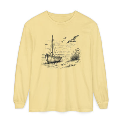 Nautical Sailboat & Beach Sketch Design Long Sleeve Tee - 'Set Your Course by the Stars Not the Storm' (Additional Colors)