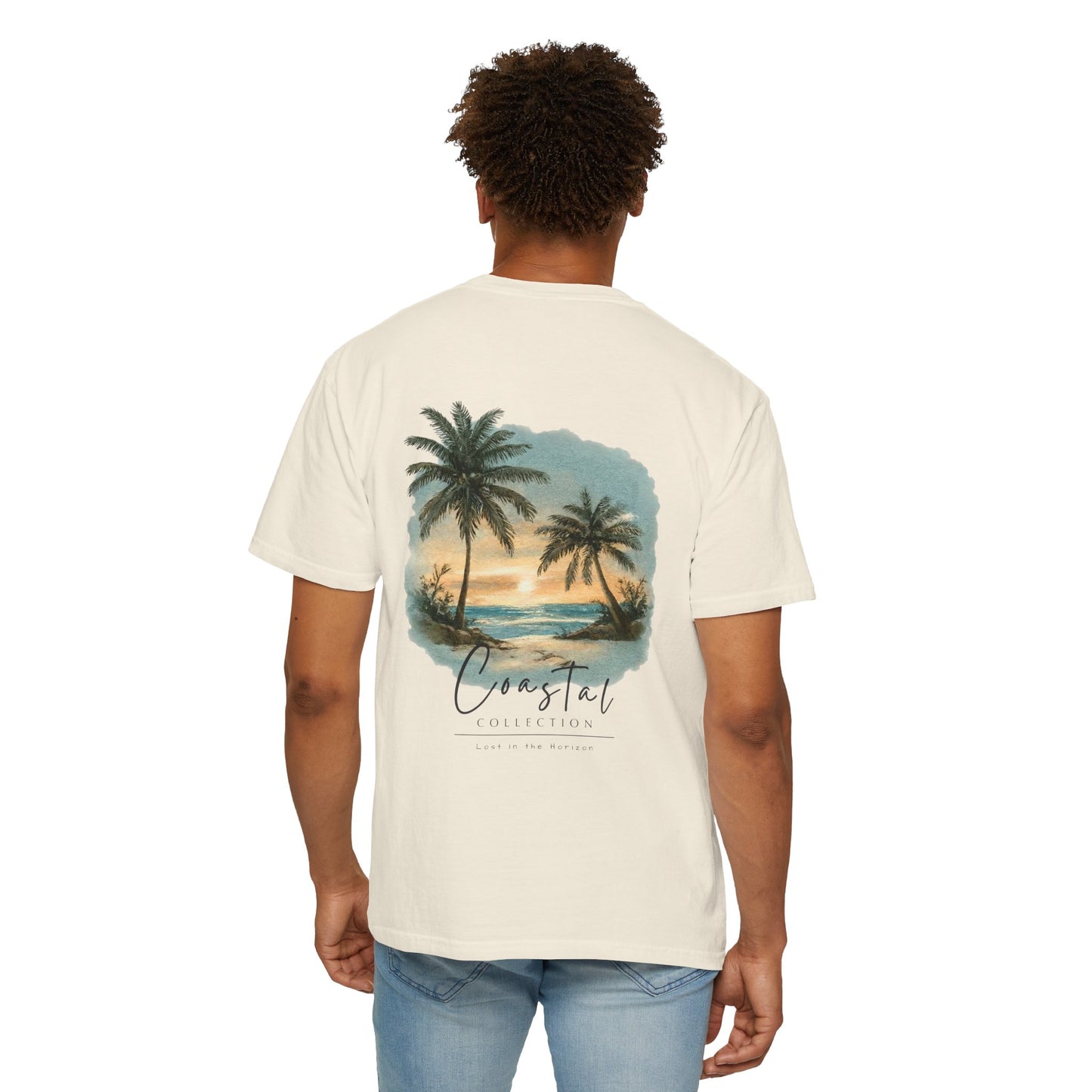 Unisex Adult Sunset Beach Scene II Back Design T-Shirt — Tropical Palm Tree 'Lost In the Horizon' Graphic w/ Logo Front (Additional Color)