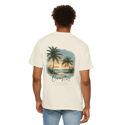 Unisex Adult Sunset Beach Scene II Back Design T-Shirt — Tropical Palm Tree 'Lost In the Horizon' Graphic w/ Logo Front (Additional Color)