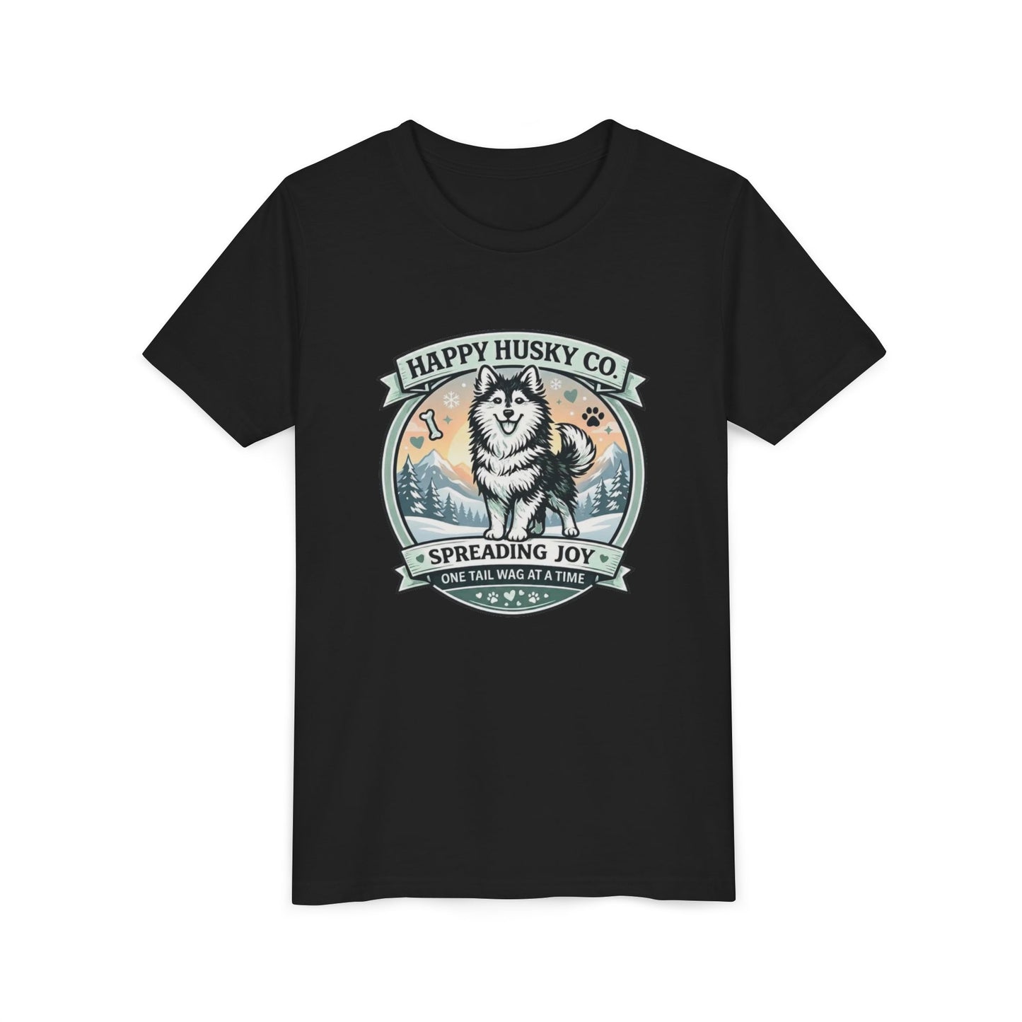 Youth Tee Happy Husky Co. 'Spreading Joy' Kids Short Sleeve Shirt - Husky Dog, Outdoor Badge Design (Additional Colors)