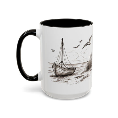 Sailboat, Beach & Horizon Nautical Design Coffee Mug — "The Horizon Is Always There" Coastal Ceramic Black Accent Mug (11oz, 15oz)