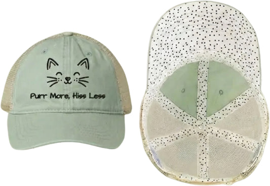 Embroidered Women's Washed Mesh-Back Cat Face Design Cap - 'Purr More, Hiss Less' (Additional Colors)