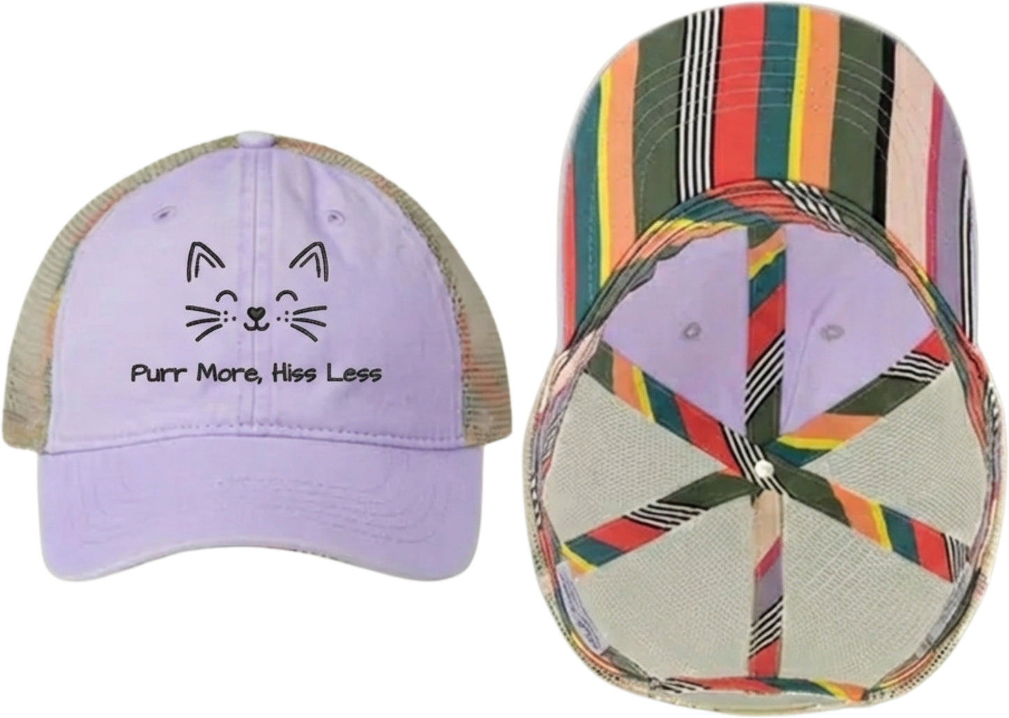 Embroidered Women's Washed Mesh-Back Cat Face Design Cap - 'Purr More, Hiss Less' (Additional Colors)