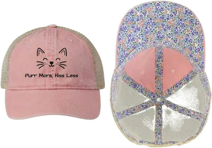 Embroidered Women's Washed Mesh-Back Cat Face Design Cap - 'Purr More, Hiss Less' (Additional Colors)