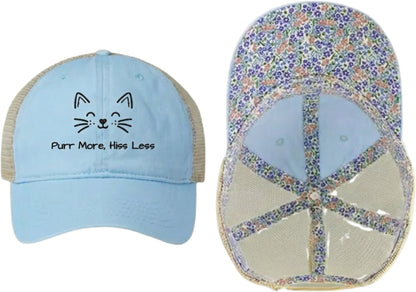 Embroidered Women's Washed Mesh-Back Cat Face Design Cap - 'Purr More, Hiss Less' (Additional Colors)