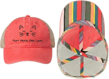 Embroidered Women's Washed Mesh-Back Cat Face Design Cap - 'Purr More, Hiss Less' (Additional Colors)