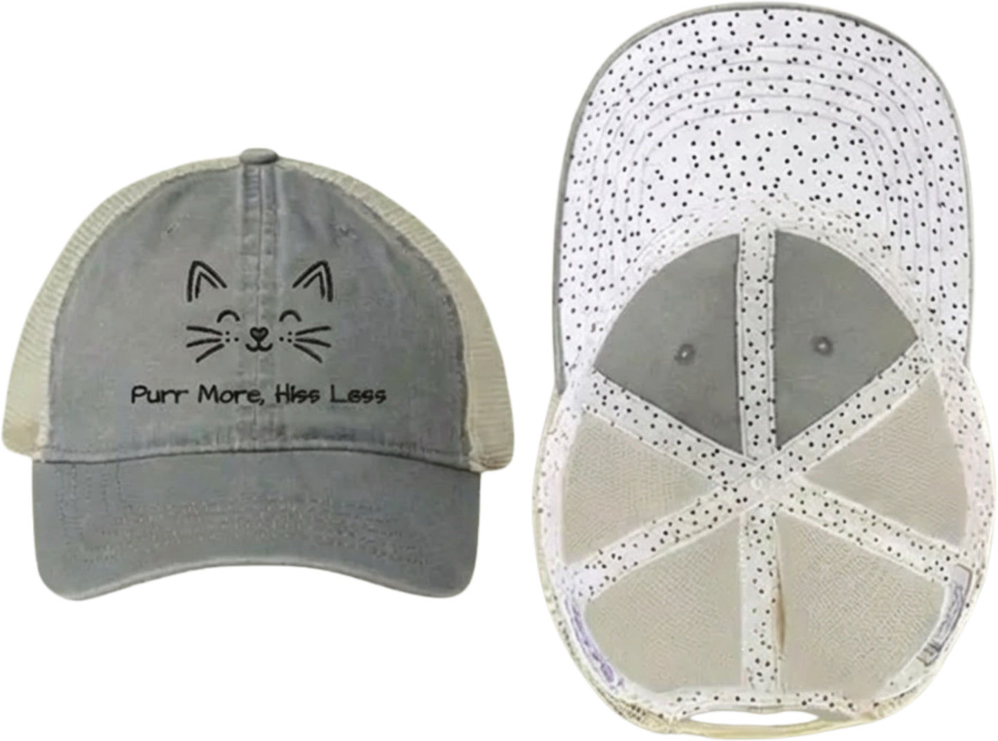 Embroidered Women's Washed Mesh-Back Cat Face Design Cap - 'Purr More, Hiss Less' (Additional Colors)