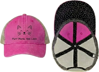 Embroidered Women's Washed Mesh-Back Cat Face Design Cap - 'Purr More, Hiss Less' (Additional Colors)