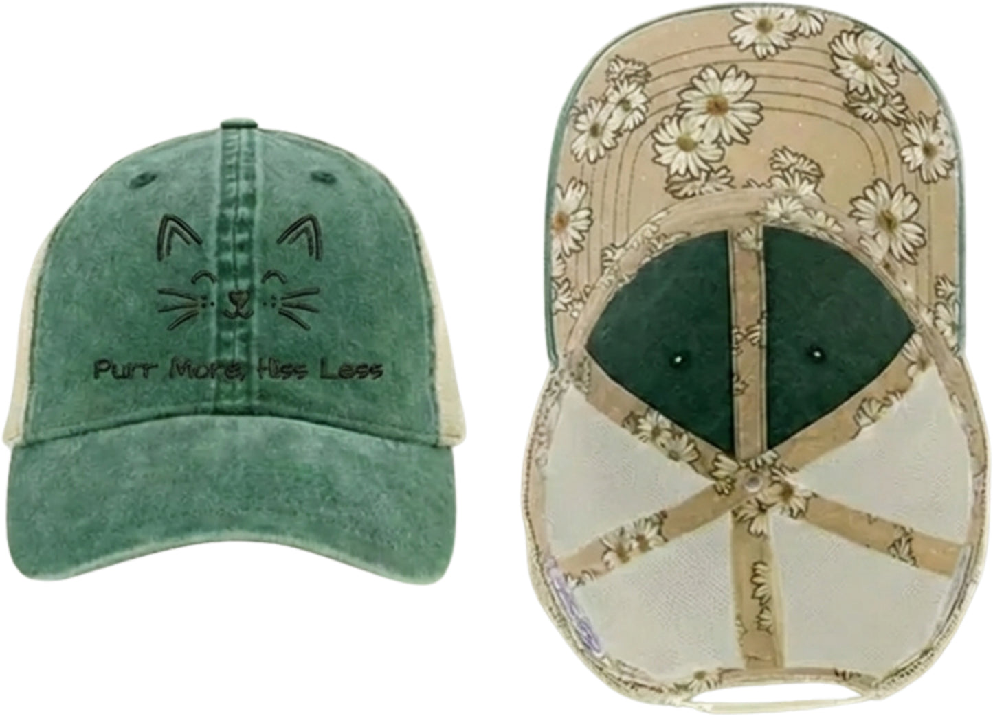 Embroidered Women's Washed Mesh-Back Cat Face Design Cap - 'Purr More, Hiss Less' (Additional Colors)