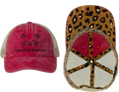 Embroidered Women's Washed Mesh-Back Cat Face Design Cap - 'Purr More, Hiss Less' (Additional Colors)