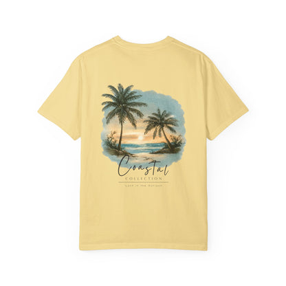 Unisex Adult Sunset Beach Scene II Back Design T-Shirt — Tropical Palm Tree 'Lost In the Horizon' Graphic w/ Logo Front (Additional Color)