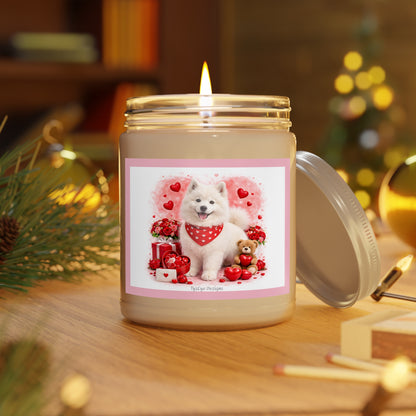 Valentine Samoyed Pup Soy Candle Clear Jar, Romantic Theme with Cute Dog & Hearts, 9 oz (7.5 oz net wax, Assorted Scents)