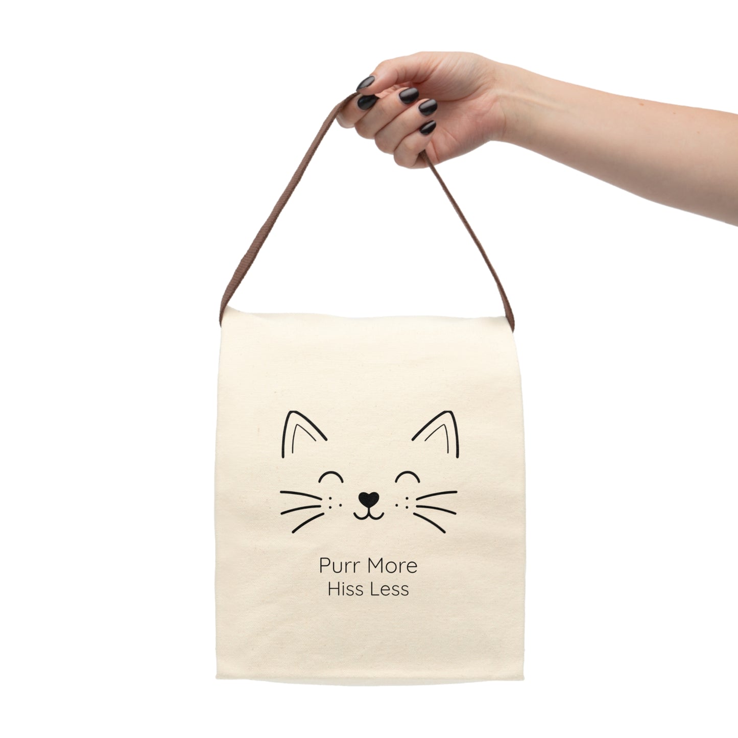 Cat Face Line Art Canvas Tote, 'Purr More Hiss Less' - Lunch Bag with Strap — Reusable Eco Tote