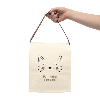 Cat Face Line Art Canvas Tote, 'Purr More Hiss Less' - Lunch Bag with Strap — Reusable Eco Tote