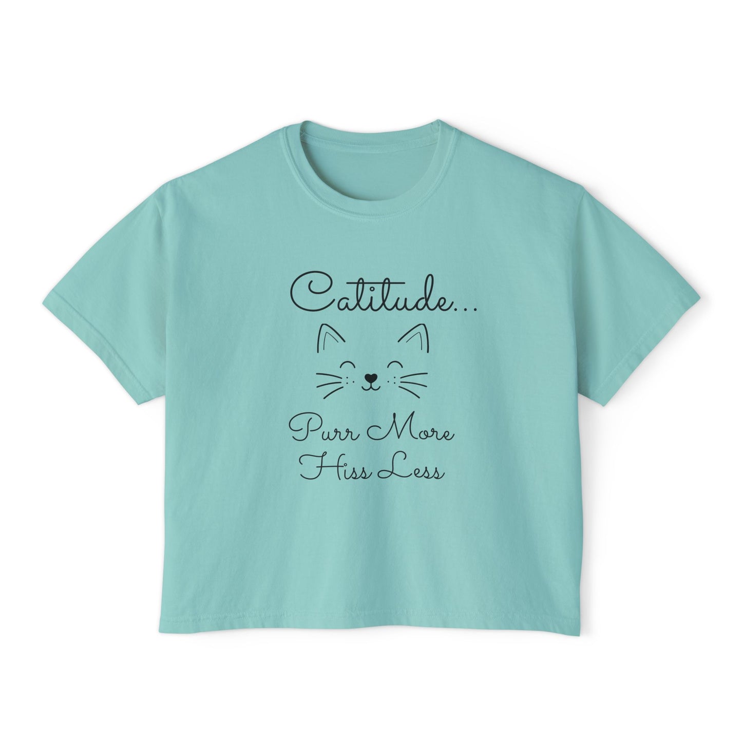 Catitude Boxy Tee — “Purr More, Hiss Less” Cute Cat Graphic T-Shirt (Additional Colors)