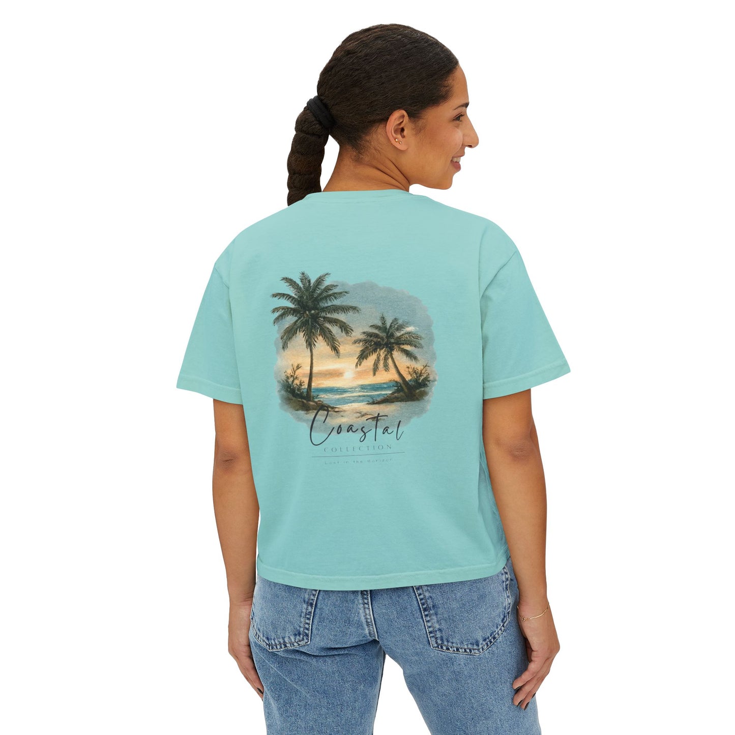 Women's Sunset Beach Scene II Back Design Boxy Tee - Tropical Palm Tree 'Lost In the Horizon' Graphic Tee (Additional Colors)