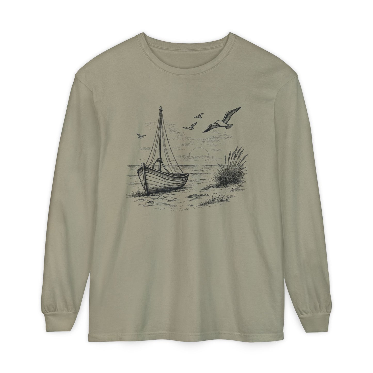 Nautical Sailboat & Beach Sketch Design Long Sleeve Tee - 'Set Your Course by the Stars Not the Storm' (Additional Colors)