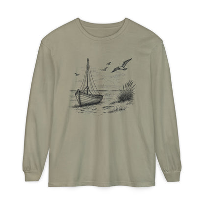 Nautical Sailboat & Beach Sketch Design Long Sleeve Tee - 'Set Your Course by the Stars Not the Storm' (Additional Colors)