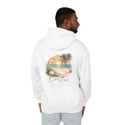 Unisex Adult Beach Sunset Back Design Hoodie — Tropical Palm Tree 'Saltwater State of Mind' w/ Logo Graphic Lightweight Sweatshirt (Additional Color)