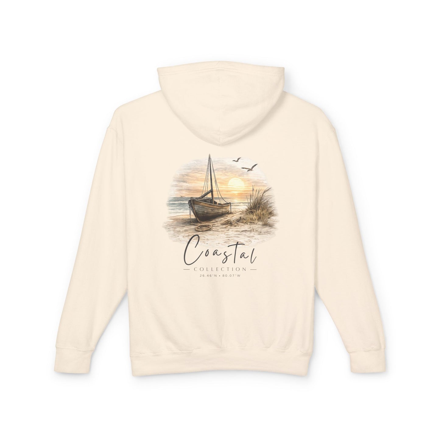 Unisex Adult Coastal Beach Sunset Sailboat Back Design Hoodie — Nautical Coastal Graphic Lightweight Hooded Sweatshirt  w/ Logo (Additional Color)
