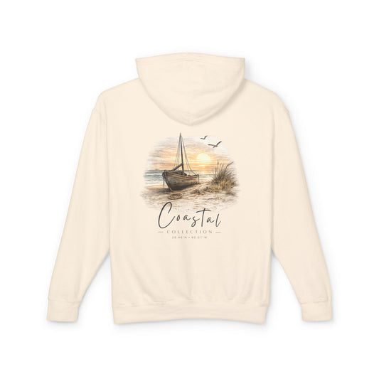 Unisex Adult Coastal Beach Sunset Sailboat Back Design Hoodie — Nautical Coastal Graphic Lightweight Hooded Sweatshirt  w/ Logo (Additional Color)