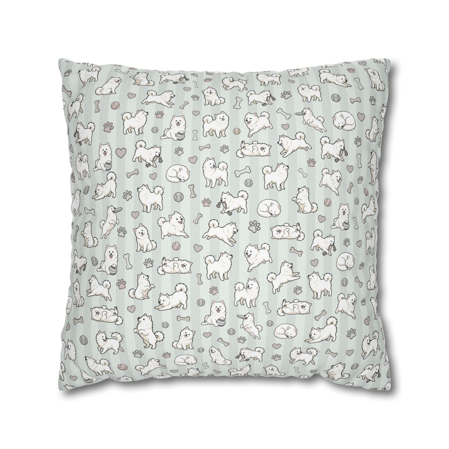 Double Sided Sage Green Samoyed Puppy With Bones, Hearts, and Paw Prints Design Pillowcase — Soft Striped Decorative Square Throw Pillow (Additional Sizes)