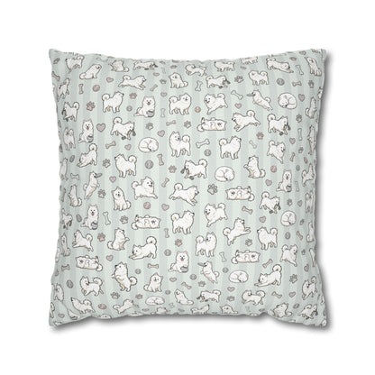 Double Sided Sage Green Samoyed Puppy With Bones, Hearts, and Paw Prints Design Pillowcase — Soft Striped Decorative Square Throw Pillow (Additional Sizes)