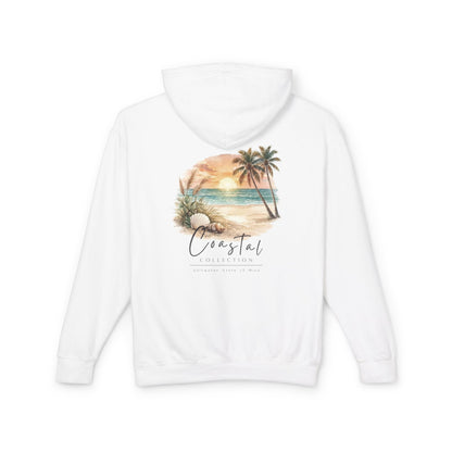 Unisex Adult Beach Sunset Back Design Hoodie — Tropical Palm Tree 'Saltwater State of Mind' w/ Logo Graphic Lightweight Sweatshirt (Additional Color)