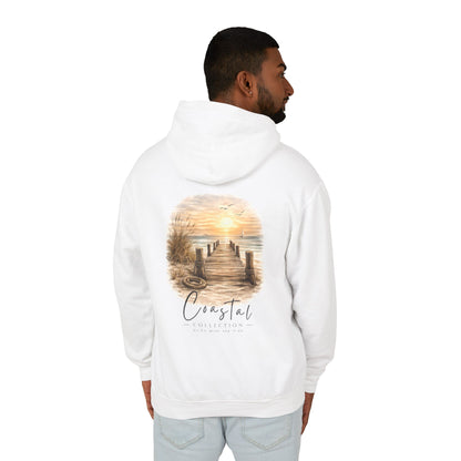 Unisex Adult Coastal Weathered Dock Sunrise Hoodie — 'Drift With the Tide' Graphic w/ Front Logo Lightweight Hooded Sweatshirt (Additional Color)