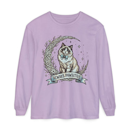 Unisex Adult 'Always Pawsitive' Cat Design Long Sleeve Tee — Cute Ragdoll Cat Graphic Shirt (Additional Colors)
