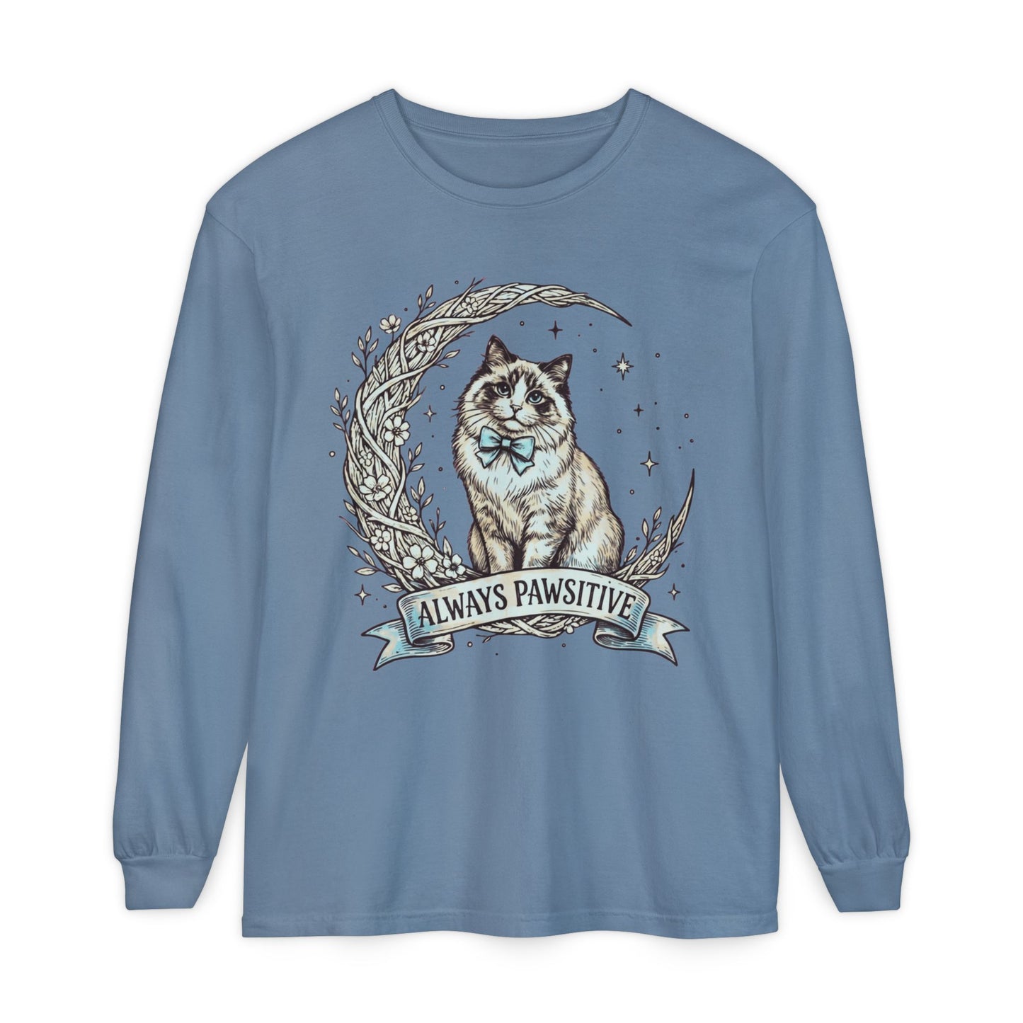 Unisex Adult 'Always Pawsitive' Cat Design Long Sleeve Tee — Cute Ragdoll Cat Graphic Shirt (Additional Colors)